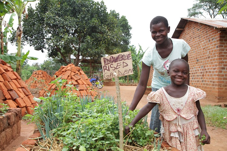 children with raised bed garden