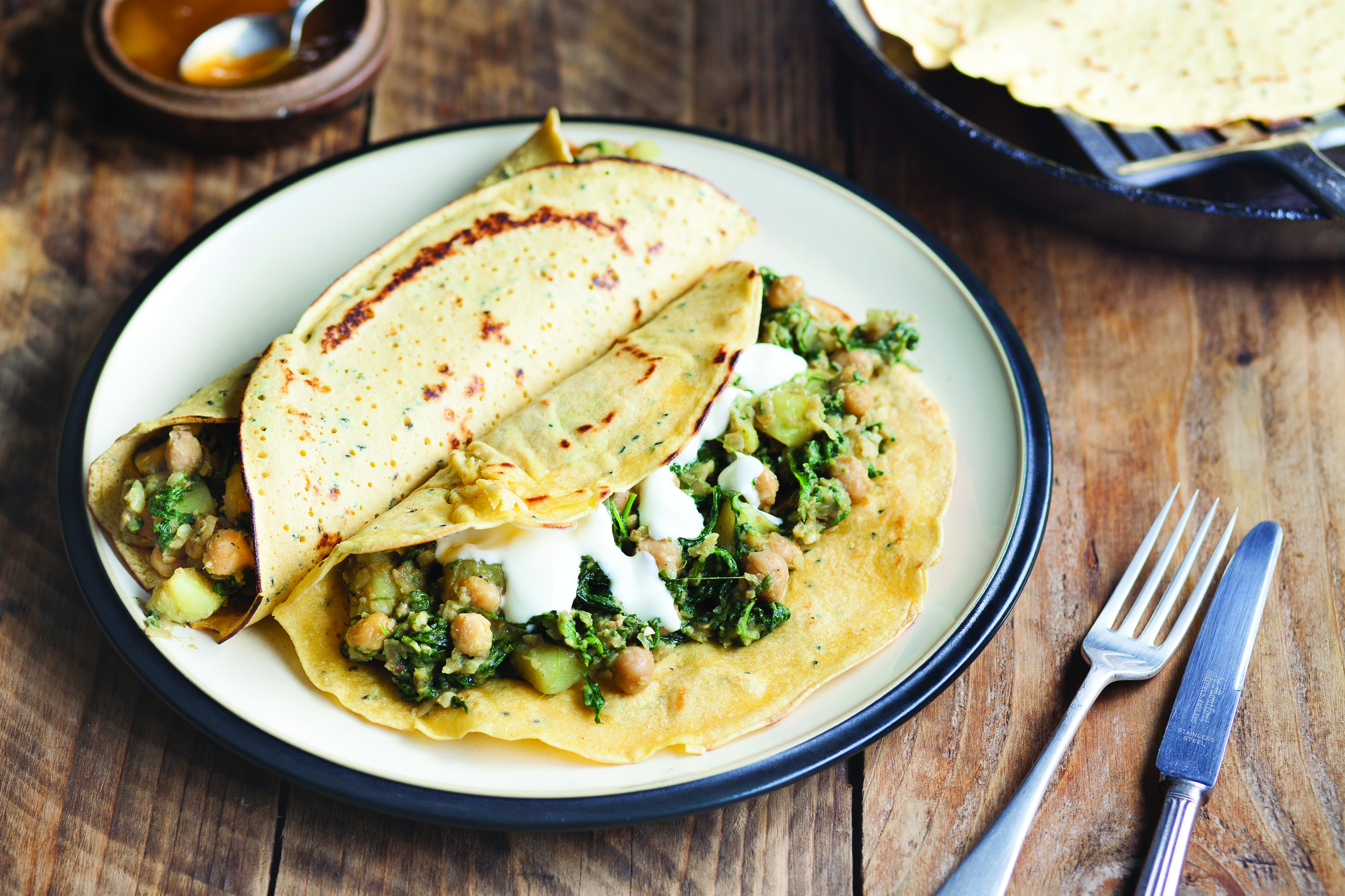 Spinach & Potato Chickpea Pancakes with Mango Chutney