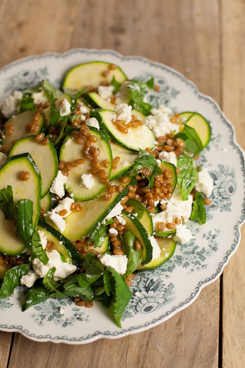 Courgettem broad bean and spelt salad