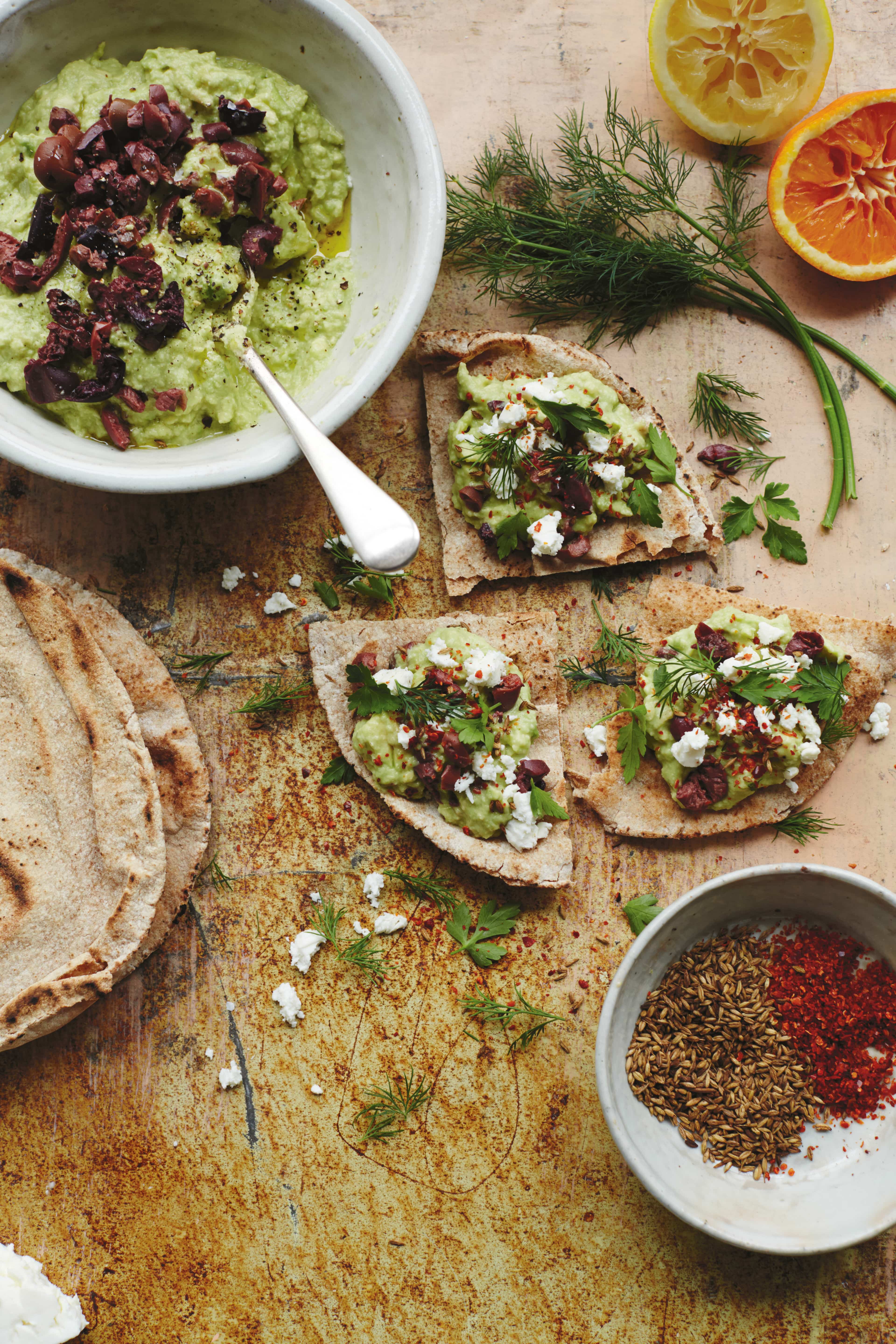 Avocado, Tahini and Olive Smash Flatbreads