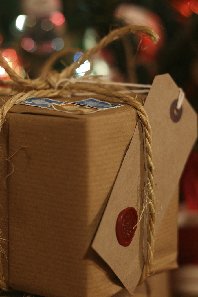 brown gift wrap with stamps
