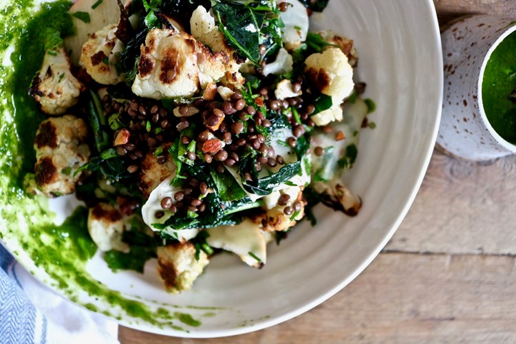 cauliflower, kohlrabi, lentil salad