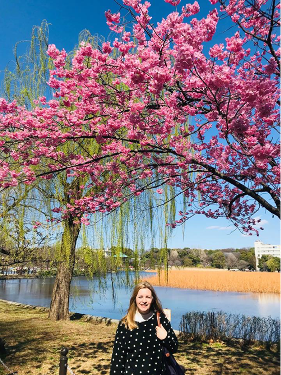 Forestry Certification Officer, Becky Henson, beneath a sakura blossom tree in Ueno Park, Taitō, Tokyo
