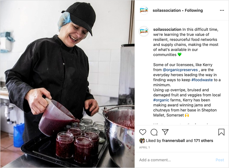 Instagram - @soilassociation: post about Hembridge Organics (@organicpreserves) helping their neighbour producers to combat food waste