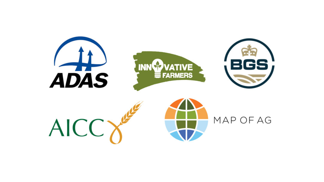 Logos for ADAS, Innovative Farmers, BGS, AICC and Map of AG