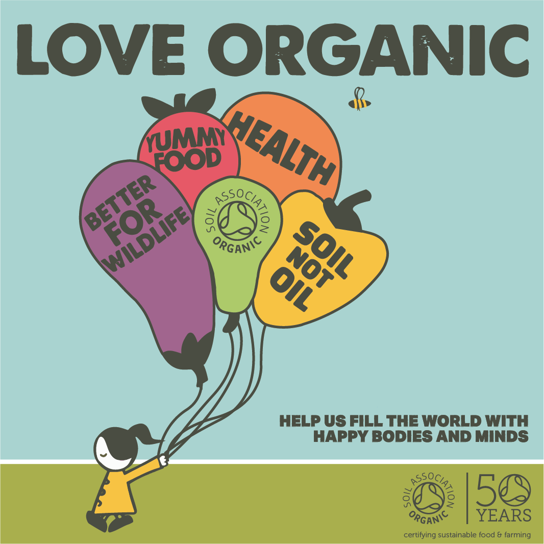 Picture of a little girl with balloons stating "Love Organic"