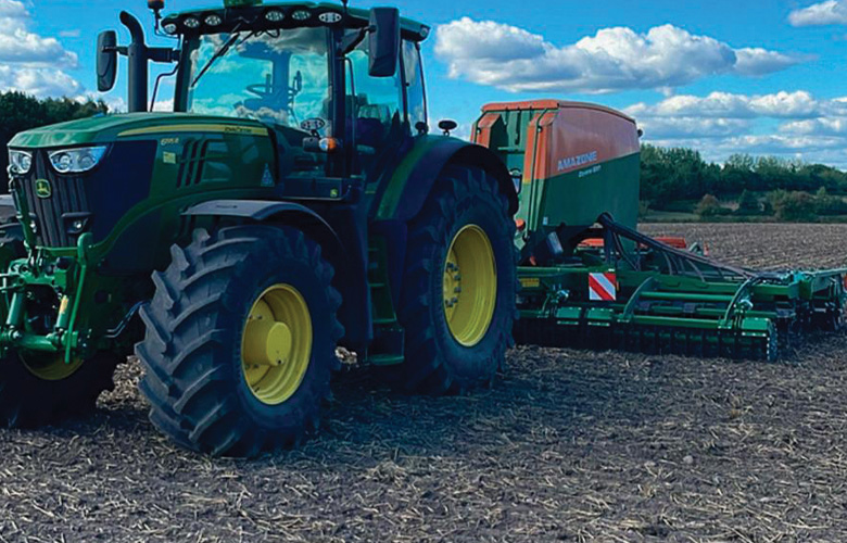 Drilling into shallow cultivated stubble, Field Hall Farm, Staffs