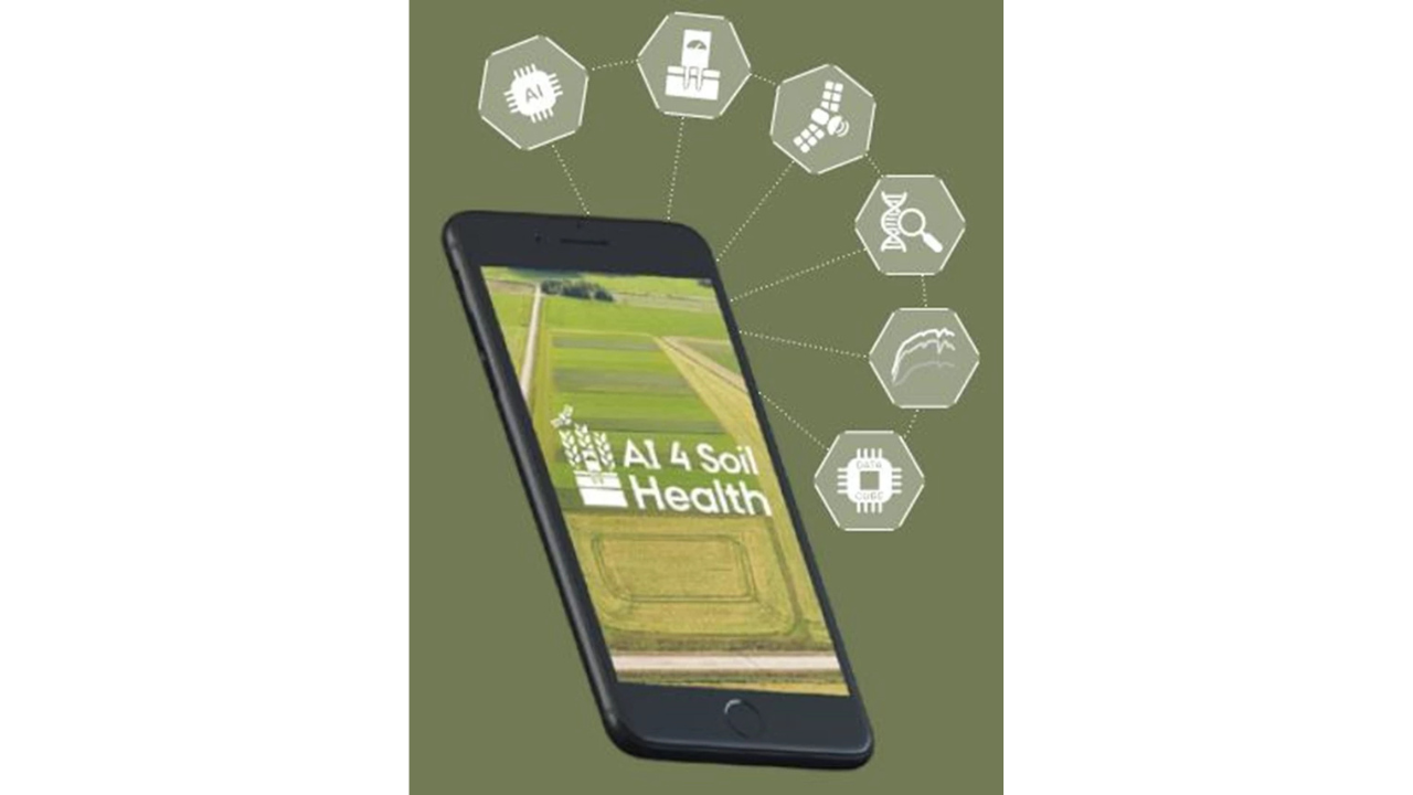 Smartphone with AI for Soil Health logo presented on screen, surrounded by icons representing different functions. 