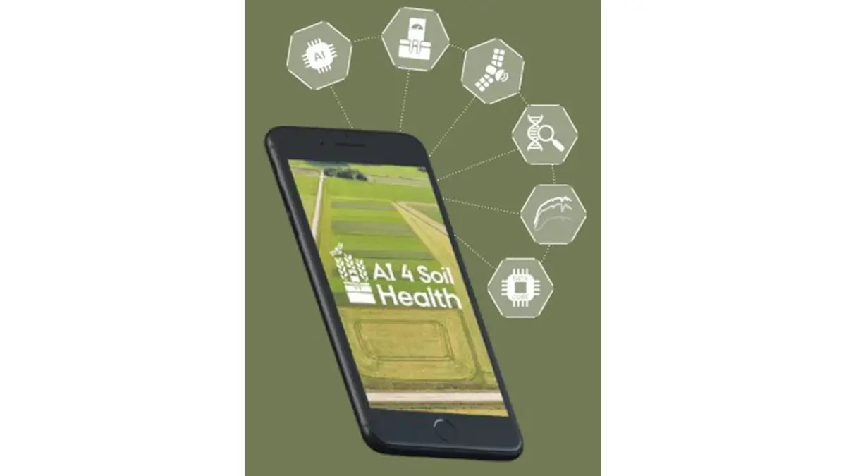 Smartphone with AI for Soil Health logo presented on screen, surrounded by icons representing different functions. 