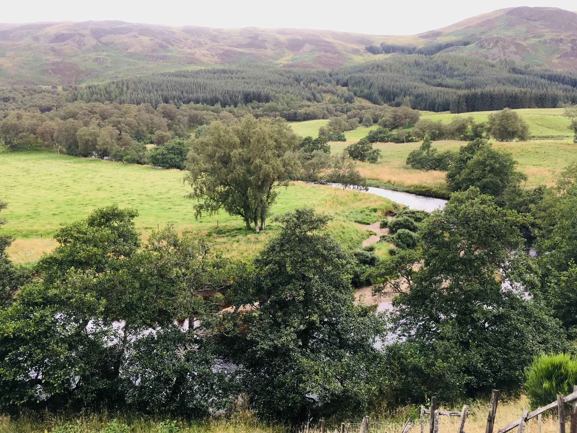 A winding river runs through the Rottal Estate; with trees, grass and hills in the background. 