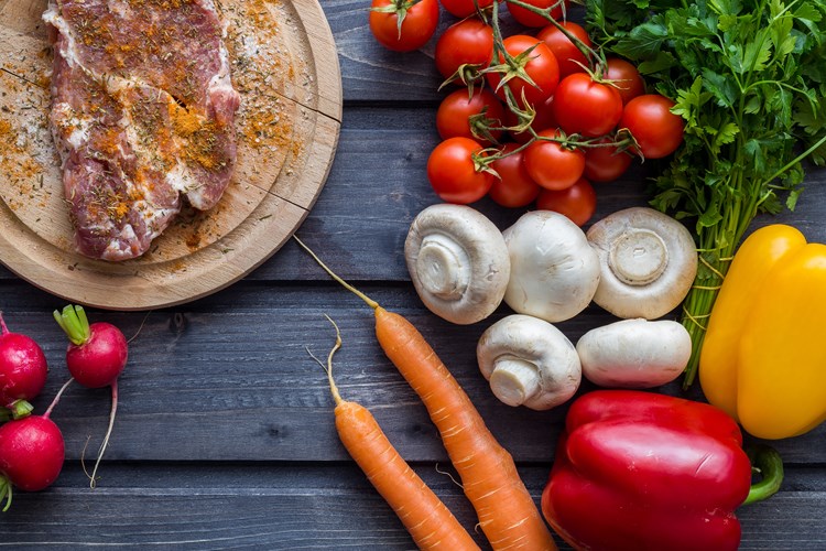 various food items, carrot, bacon, mushrooms