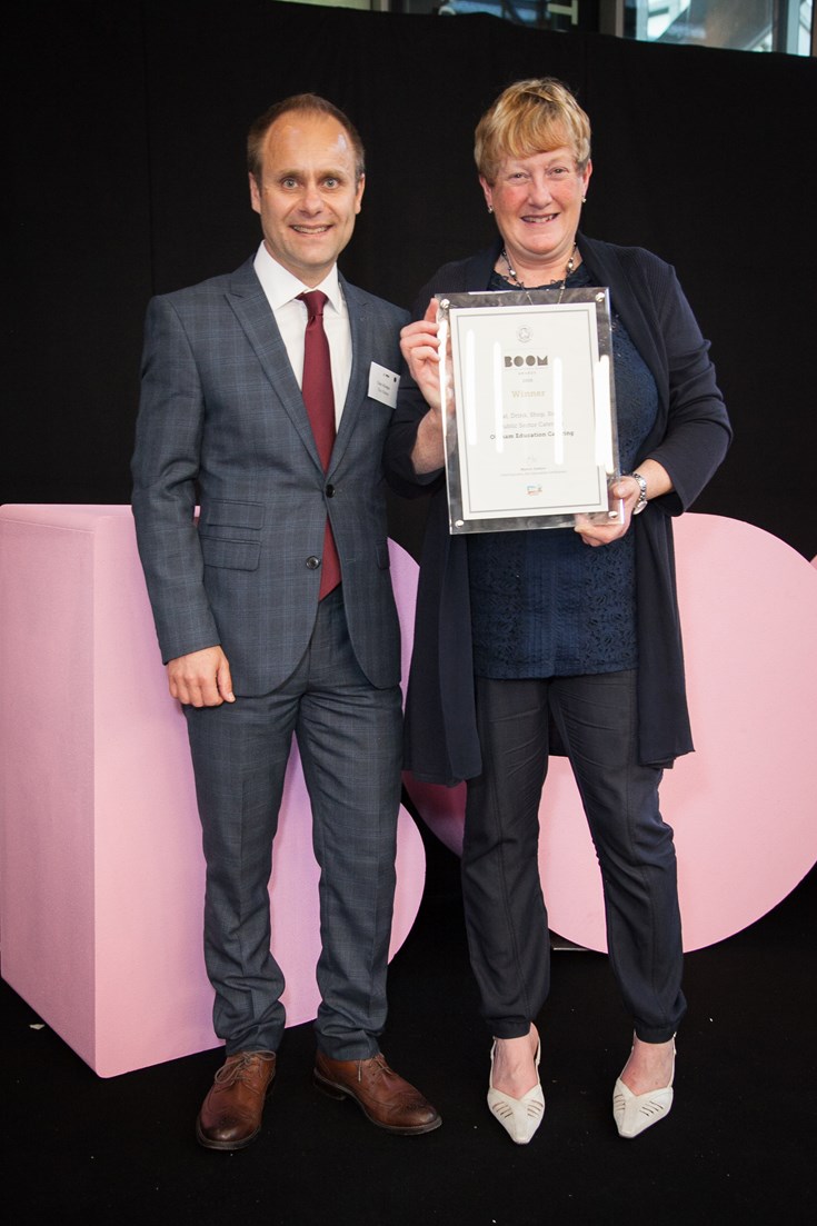 Anne Burns receiving Oldham Council's Best Public Sector Catering Award, BOOMs, 2016