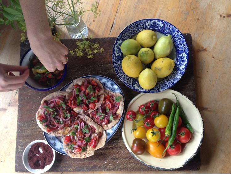 fruit and vegetables on a board