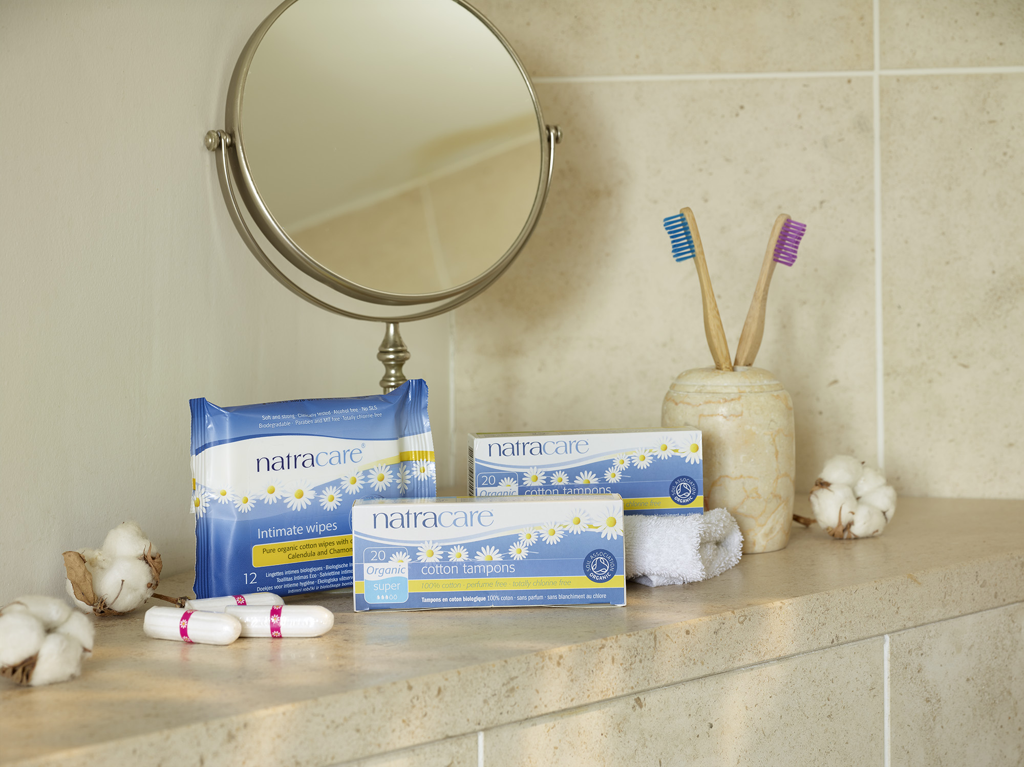 natracare products arranged in bathroom