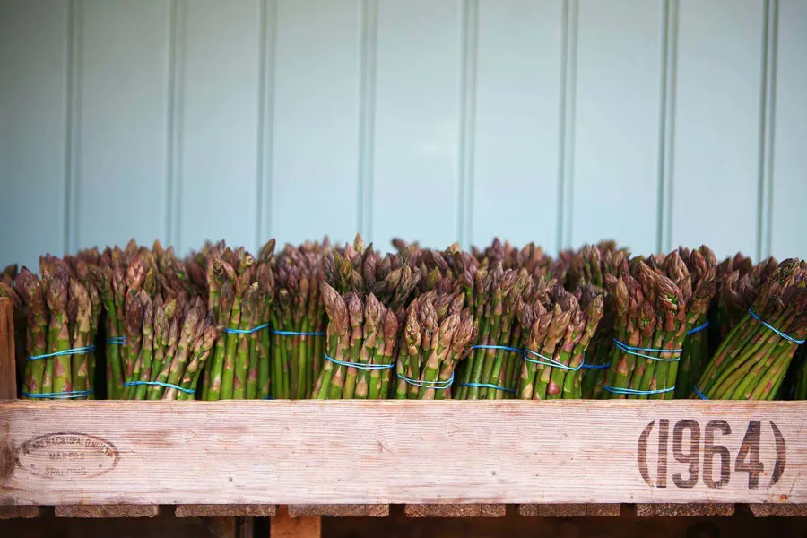 Bunches of asparagus in a box