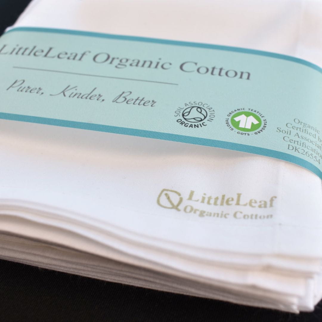 Organic cotton handkerchiefs with the Soil Association Organic and GOTS symbols on pack