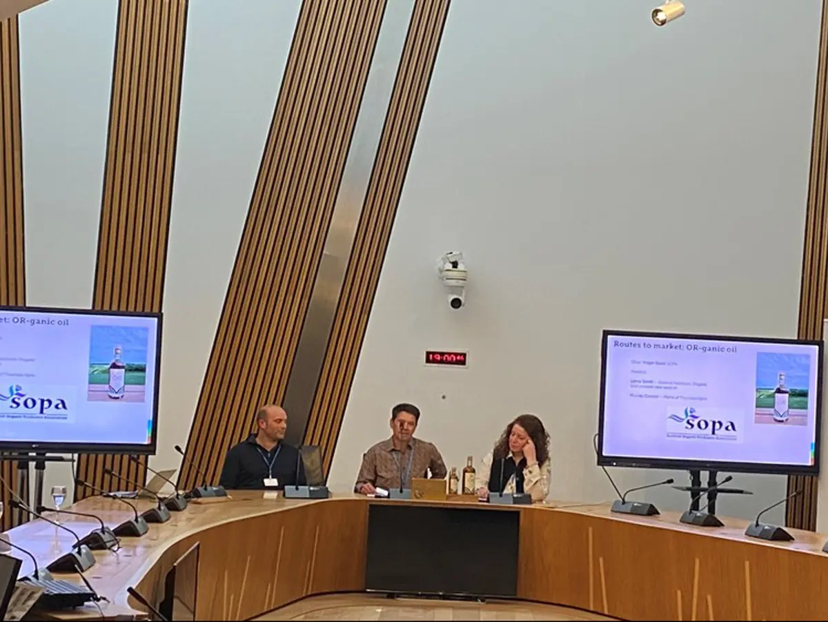A panel of people in a conference hall