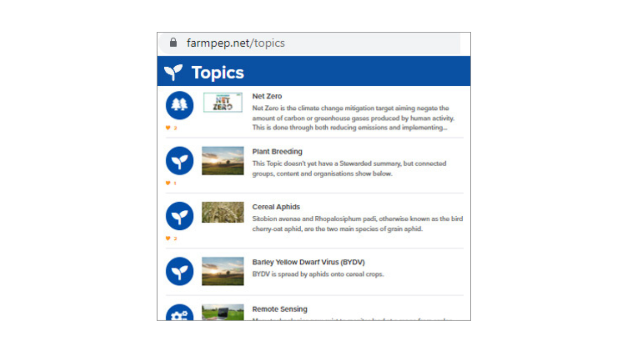 Screenshot of FarmPEP website showing topics covered