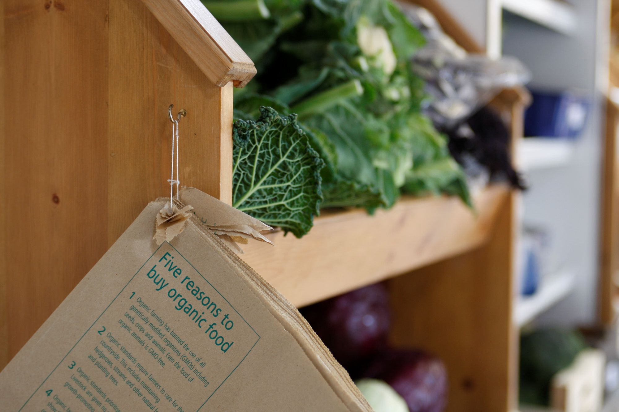 Paper bags printed with five reasons to buy organic produce hanging up near fresh vegetables