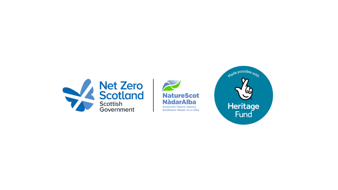 Net Zero Scotland (Scottish Government), NatureScot and National Lottery Heritage Fund logos