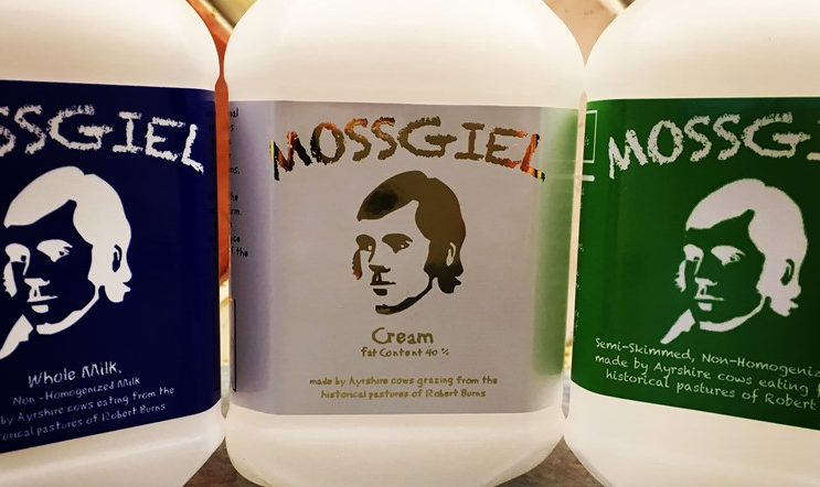 Bottles of Mossgiel farm milk and cream. 