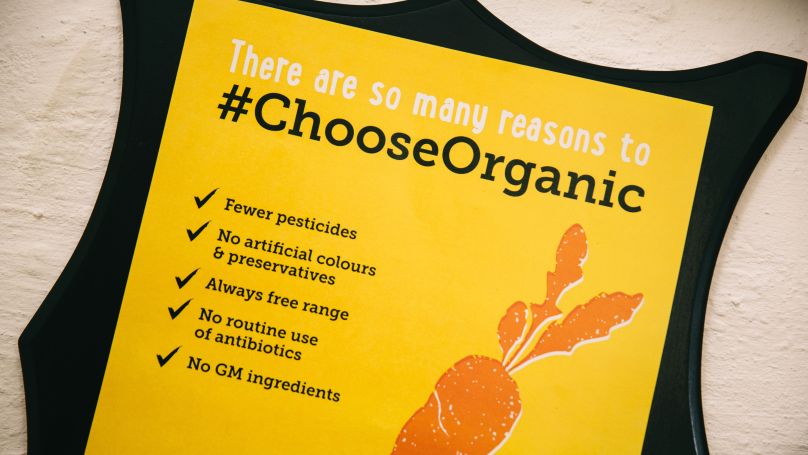 Sign in a shop that lists reasons to choose organic