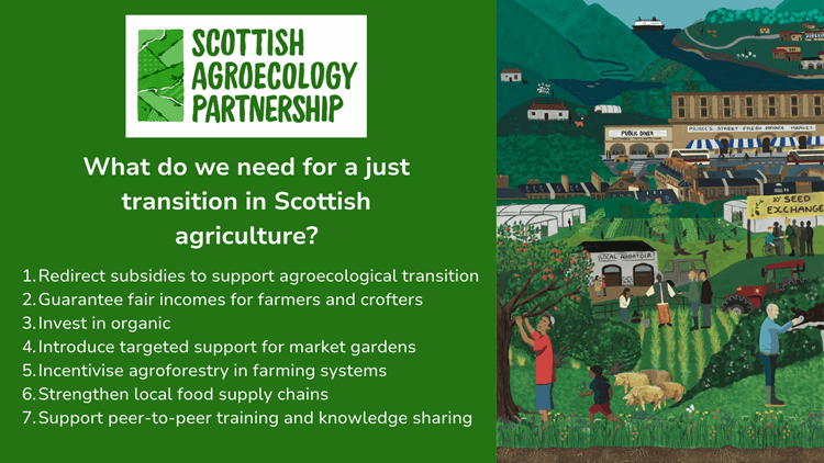 Graphic describing 7 priorities of the Scottish Agroecology Partnership. 