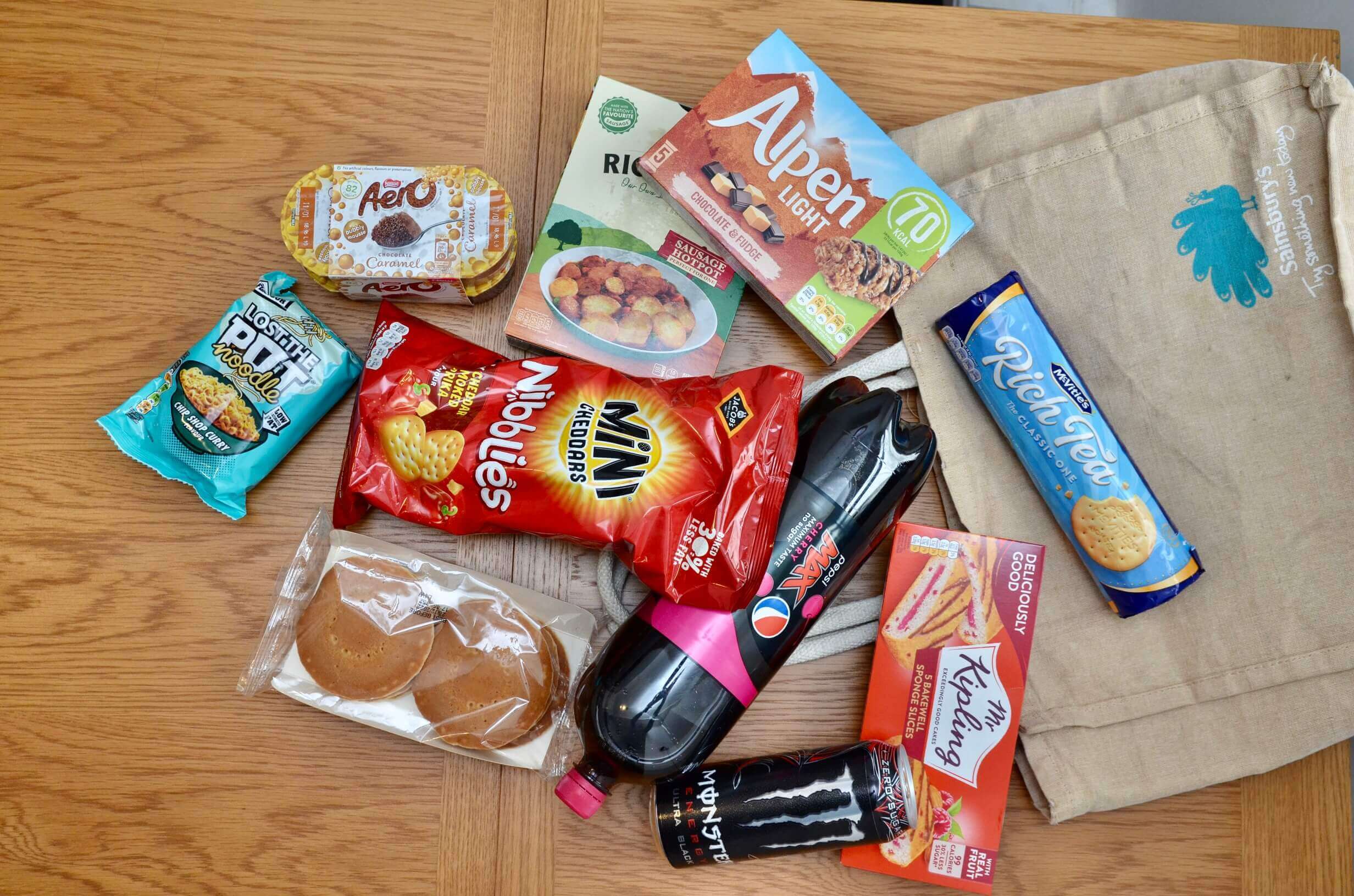 A selection of packaged ultra-processed foods and carbonated drinks