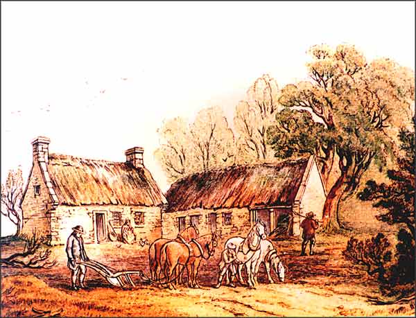 Brown etching style drawing of Mossgiel farm. 