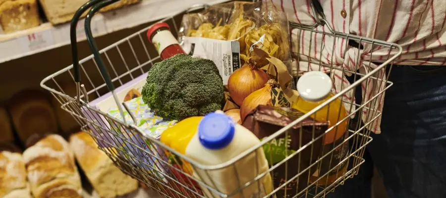 A mixed shopping basket of milk, vegetables, pasta and juice
