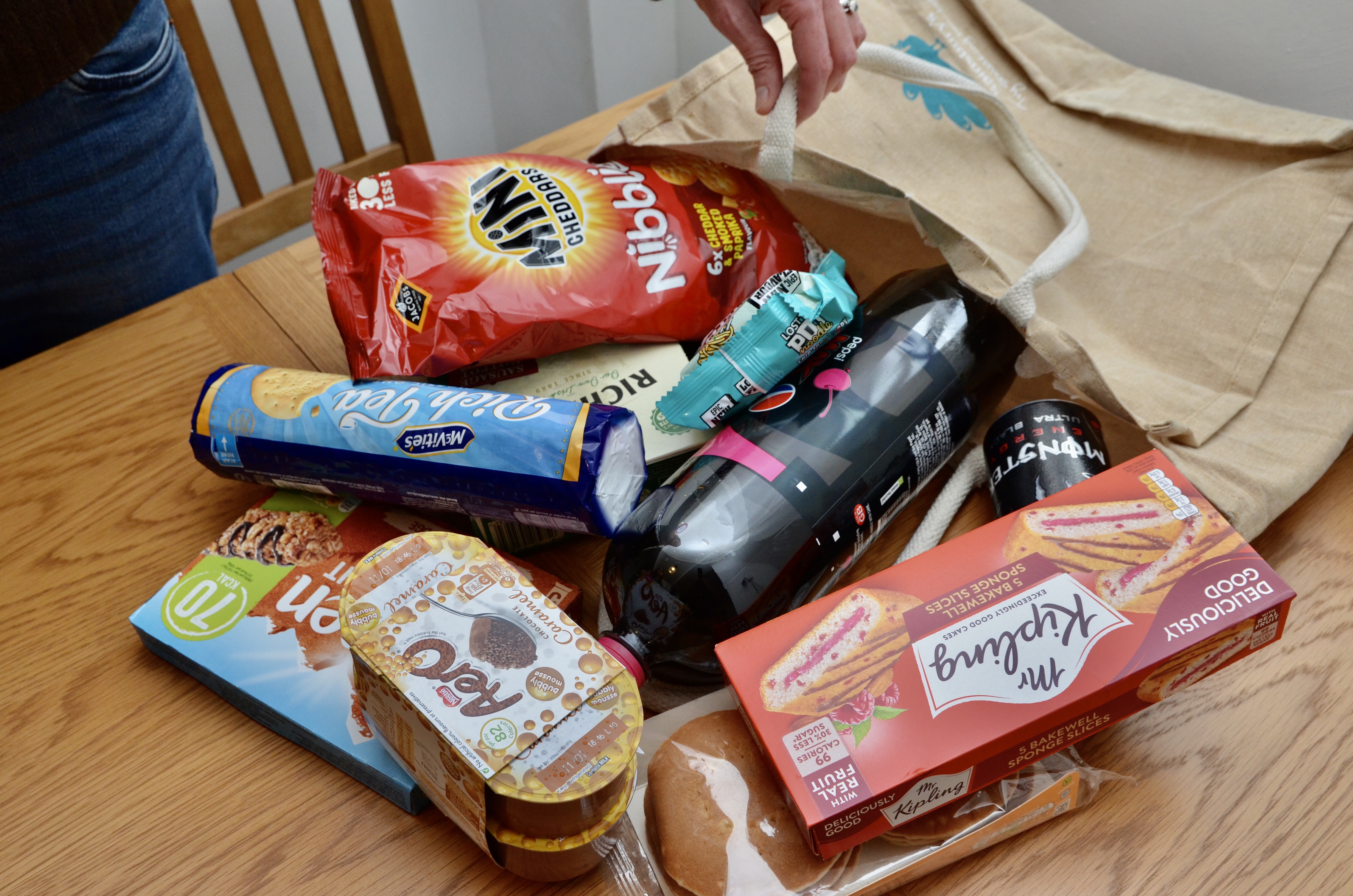 A selection of ultra-processed packaged foods and carbonated drinks