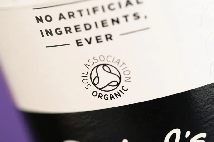 The Soil Association organic logo on a pack of Rachel's organic yogurt